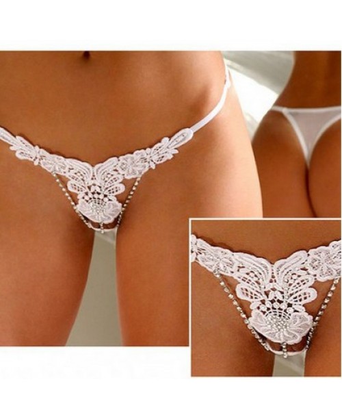 Women Embroidery Lace Rhinestone White G-string Sexy